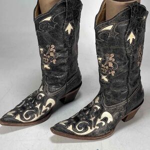 Corral Distressed Floral Embroidered Heeled Boots.  Size 9
